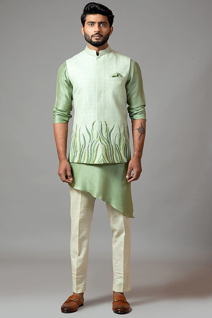 Buy Grey Russian Silk Embroidered Thread Nehru Jacket And Kurta Set For Men  by Studio Bagechaa Online at Aza Fashions.